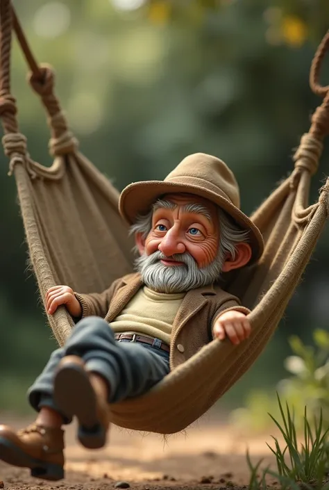 a thin, 80-year-old man without a mustache lying in a hammock wearing a slouch hat to use as a cake topper