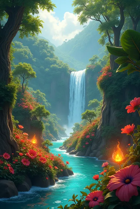 Amazon rainforest rivers waterfalls flowers on fire drawing pixar style 