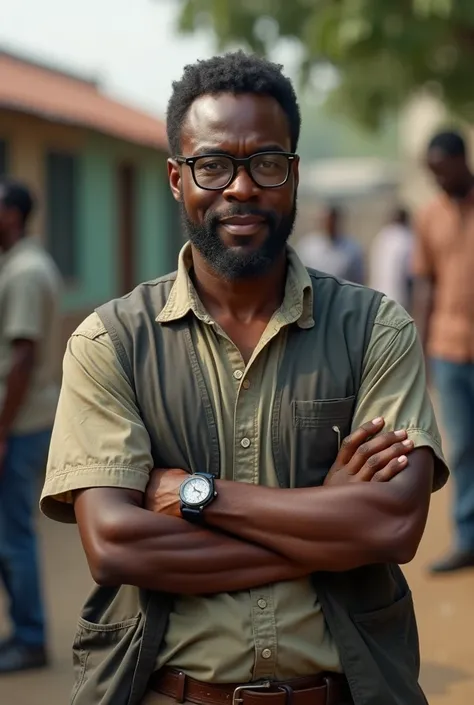 Dark-skinned man wears simple clothes and glasses, He works as a psychologist and volunteers in community assistance programs..