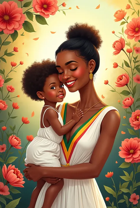 Postcard on an International Mothers Day, beautiful colours, nice picture of a Mother and her kid, flowers in background.she wearing a beautiful white dress with a strip of Ethiopian flag.her skin is less darker 