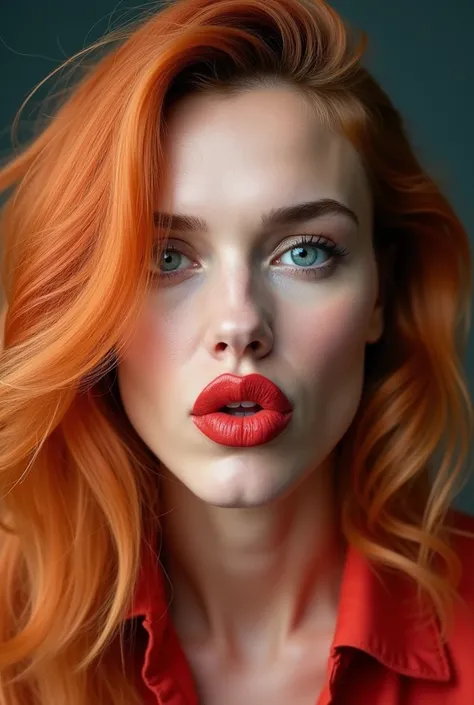 Please create a portrait photo of Scarlett Johansson with bright hair. In the photo, have her lips form a shape similar to the number "8," as if shes making a "fish lips" or "duck face" expression. She should be sucking in her cheeks slightly to enhance th...