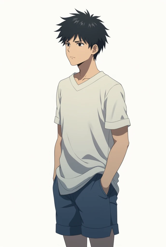 An anime man with a tired appearance,  short messy black hair, tired black eyes with Japanese descent. Wearing a Brazilian blouse and typical Brazilian blue shorts, standing in front of a completely white background.