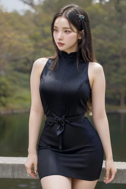 a woman in a vestido negro posing on a bridge cabello rubio and blue like eyes, wearing a tight vestido negro, vestido apretado,...