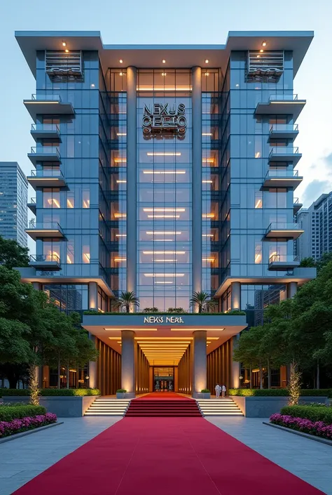 A luxurious, presidential standard company headquarters with the name NEXUS(CEO) on it and red carpet on entrance with Singaporean and America architecture,grass, flowers and on its own space and compound where is the name NEXUS (CEO) cant see the words I ...