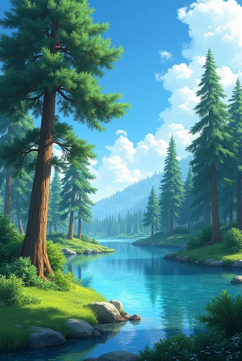 landscape where on the right there is a small lake surrounded by tall, leafy pines. The water sparkles in the sunlight, reflecting a blue sky. On the left, near the lake shore, There is a large ombú tree with its characteristic wide trunk and green leaves....