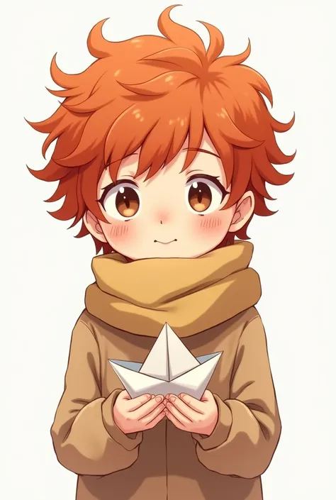 Drawing on white background anime Kawai of a shy red-haired boy with curly hair and freckles and wearing a scarf and holding a paper boat 