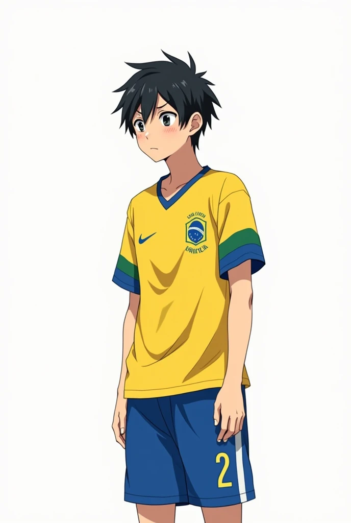 An anime man with a tired appearance,  short messy black hair, tired black eyes with Japanese descent. Wearing a yellow and blue Brazilian blouse from the 2019 Olympics and typical Brazilian blue shorts, standing in front of a completely white background.