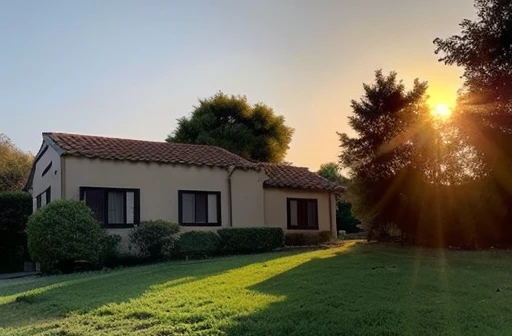 Sunrise behind a house with a tree in front, the image needs to have warmer colors and the sun needs to be very bright 