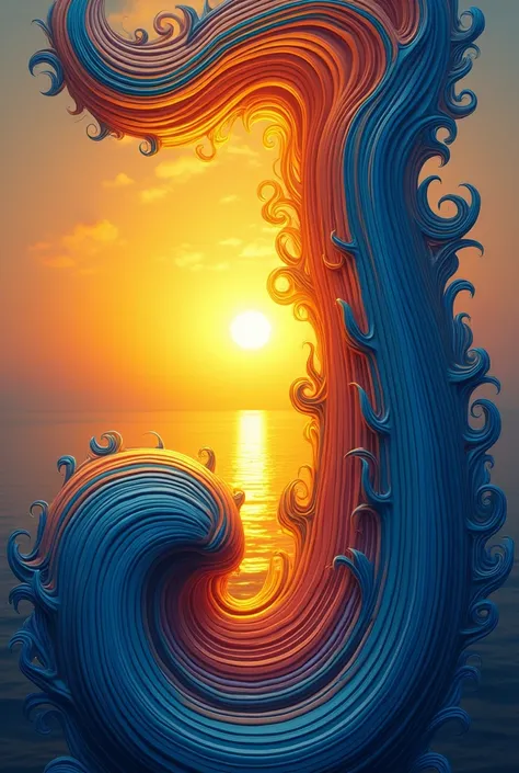 A letter J with its blue edges and a yellow sunset inside the letter J 