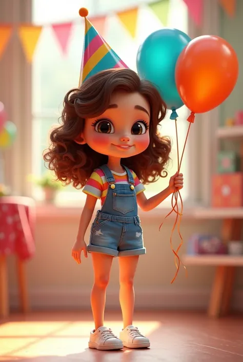  white girl mascot with few freckles on her face, wearing birthday party hat, wearing colorful short jumpsuit, Grinning, holding a balloon she wears white sneakers, she has curly brown hair/curly on the shoulder and dark eyes. thin and clear eyebrow. Pixar...