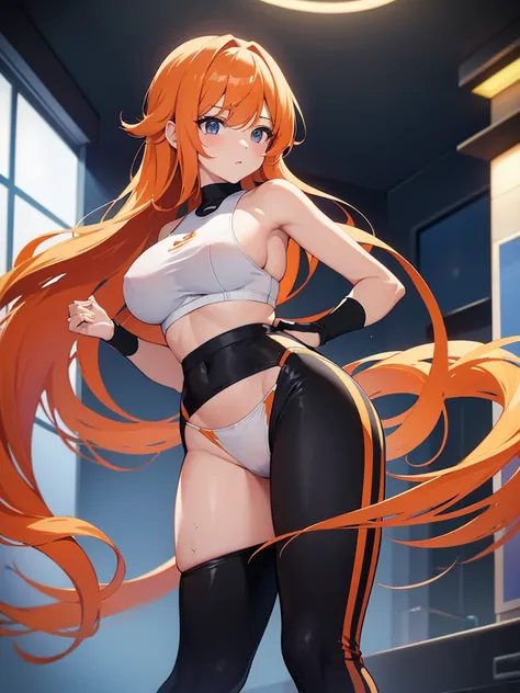 Nino:long orange hair,she has big breasts she is wearing tight wet white panties and a tight wet black bra tight gym pants,she is standing,Anime 8k