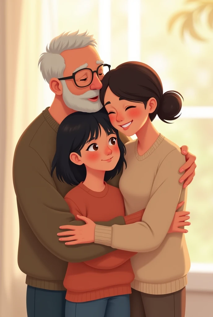 Dad and mom hugging their teenage daughter (more than 20 years) on a light background 
