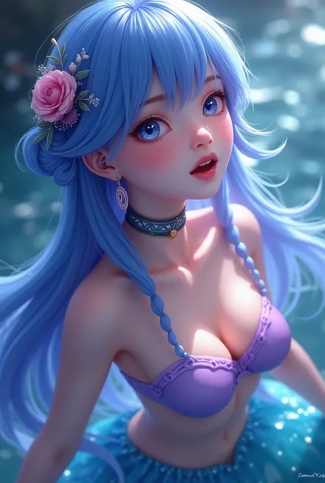 1 , 独奏, high resolution, longye hair, blushful, gaping mouth, bangss, blue colored eyes, Bblack hair, aretes, hair flower, mermaid,blue and purple tailBreasts, 