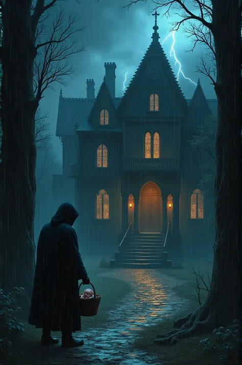 On a stormy night a baby is left at the door of an old mansion by a mysterious hooded man. 