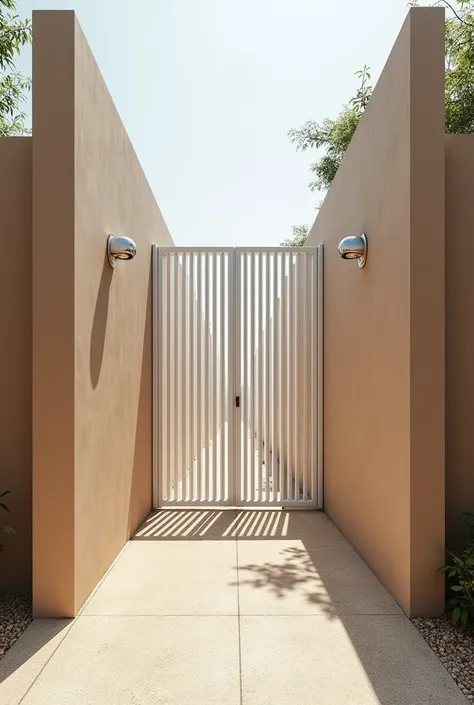 I have a 40-meter linear wall with a metal social gate painted white. (gate all closed, no air passage) and side columns painted in monkey brown, I need examples of designers for the wall, It has a thick roughcast texture painted in sand color, Give me pho...