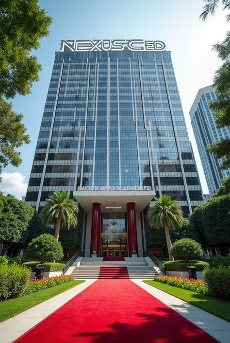 A luxurious, presidential standard company headquarters with the name NEXUS(CEO) on it and red carpet on entrance with Singaporean and America architecture,grass, flowers and on its own space and compound where is the name NEXUS (CEO) cant see the words I ...