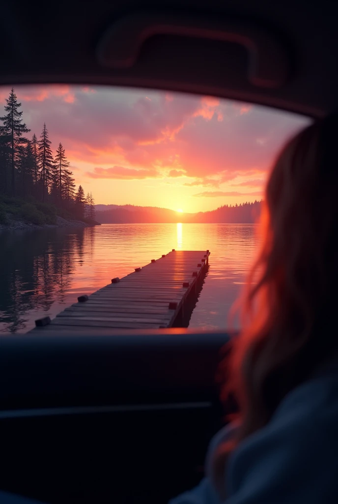 a sunset behind a beautiful lake with pier. seen through the back window of a car