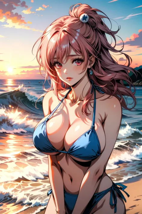 ((ultra detailed, masterpiece, best quality))
 DOA Honoka, 1girl, solo, (wearing a sky blue color bikini),  large breast, pink hair, long hair, On a beach during a vibrant sunset, playing with the waves