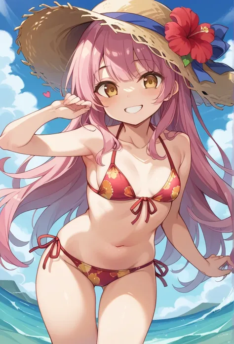 girl、cute、Yandere、Until death、Princess、young、and、、young、cute、Yellow Eyes、Pink Hair、Super Long Style、Half Twin、hibiscus、Straw hat、Big ribbon、cute、Being spoiled、Watery eye、heart、heart，smile、Be happy、Eyes glow pink、Red cheeks、Hawaii、Floral Bikini，Small breast...