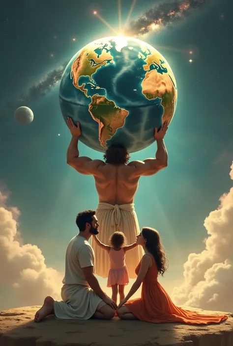 Create an image of a family made up of a father, a mother and a daughter, I want you to use the idea of the image of the titan Atlas holding the world, but create the family in the place of the atlas, create them on their knees holding the world, the daugh...