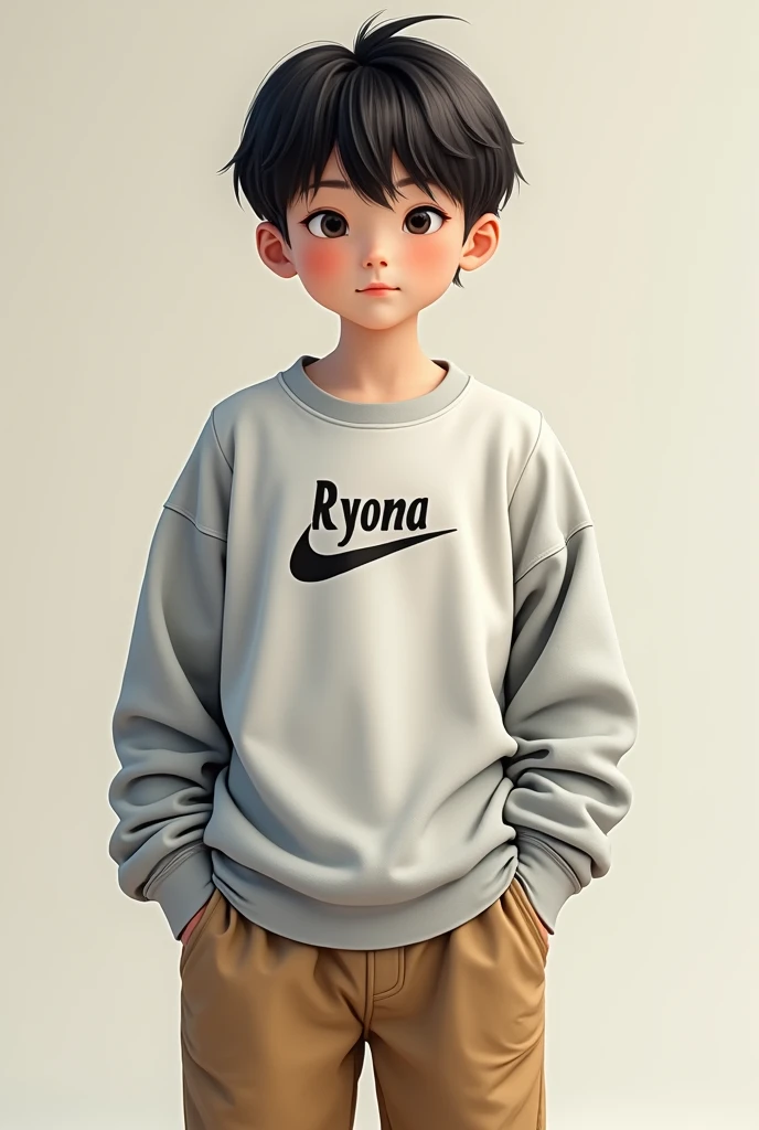 A boy with a sweatshirt and a Nike shirt on his shirt says Ryoma on the back