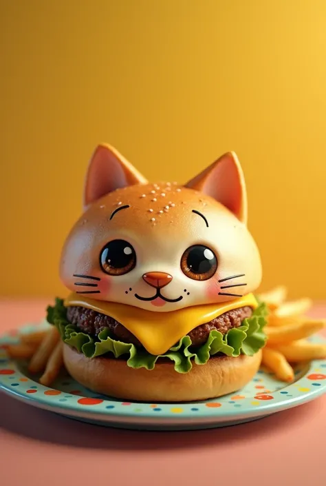 Cheeseburger but the bun has a cats face on it