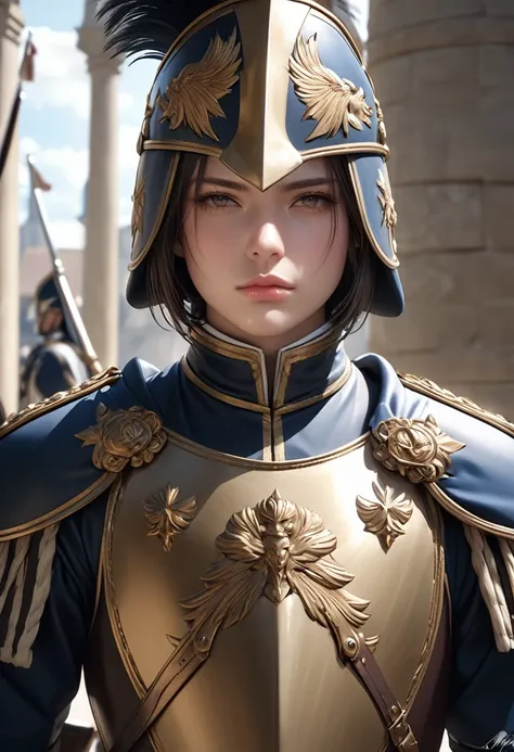 Cuirassiers, best quality, 4k, 8k, highres, (masterpiece:1.2), ultra-detailed, (photo realistic,:1.37), looking at viewer, (face close up:0.7),--no watch,