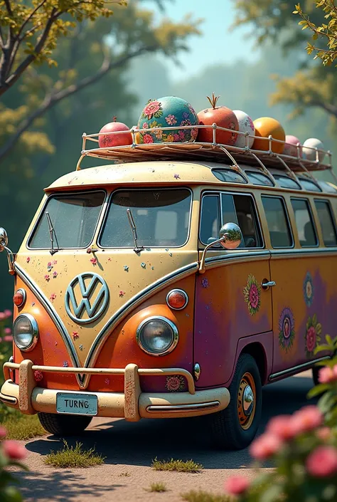 Volkswagen van Turing car in colors and flowers from the hippie era with shopping bags
