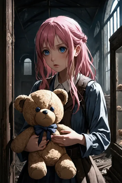 1 girl, pink hair, blue eyes, (Cowboy_shooting:1.2), facial focus, by the wide, side locks, scared,(scared:1.1) Expression, holding teddy bear, atmospheric lighting, moody, darkness, in an old abandoned museum, Clear glass display cases filled with interes...