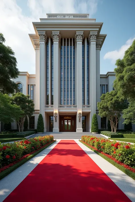 A luxurious, presidential standard company headquarters with the name NEXUS(CEO) on it and red carpet on entrance with Singaporean and America architecture,grass, flowers and on its own space and compound where is the name NEXUS (CEO) cant see the words I ...