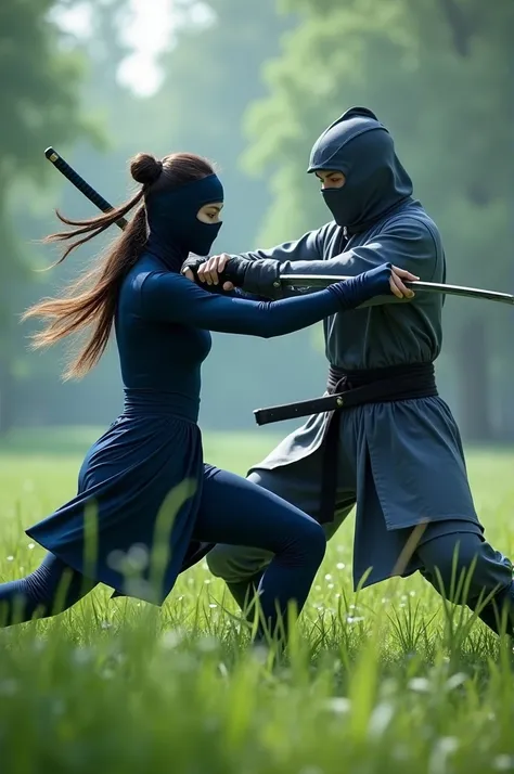 A ninja woman, Dark blue suit, black tipped hair, black mask dodging a samurai attack in a meadow