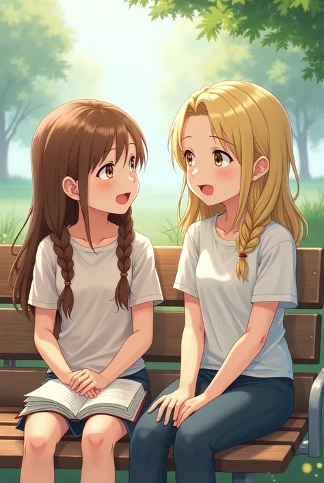 make a blonde girl and a brown haired girl with braids preteens talking happily on a wooden bench, with a  blond boy reading next to them