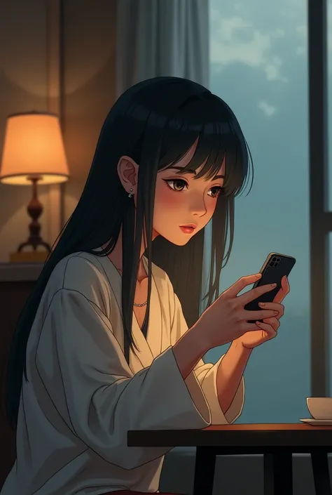 Girl with Japanese ancestry, long-haired, a little pale, distracted looking at the phone 