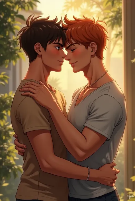 make a realistic image of young Fabricio and Lorenzo hugging each other , Fabricio has tanned skin, straight hair and light eyes, while Lorenzo is red-haired with dark eyes, they are a gay couple, prompt