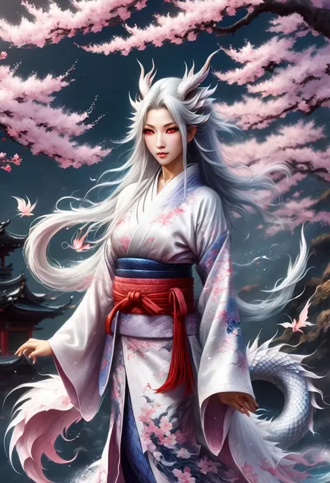 The most beautiful and sexy dragon princess, long white hair, Red eyes, most beautifully dressed、The most delicate kimono, Lots of tattoos and piercings, With the most powerful、The most destructive Japanese mythical dragon as background, Cherry blossoms fl...