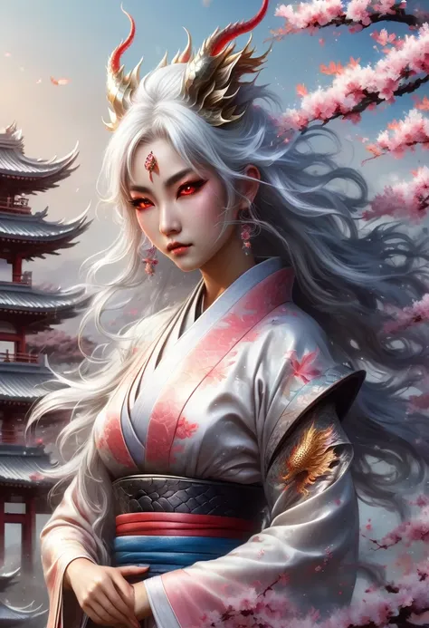 The most beautiful and sexy dragon princess, long white hair, Red eyes, most beautifully dressed、The most delicate kimono, Lots of tattoos and piercings, With the most powerful、The most destructive Japanese mythical dragon as background, Cherry blossoms fl...