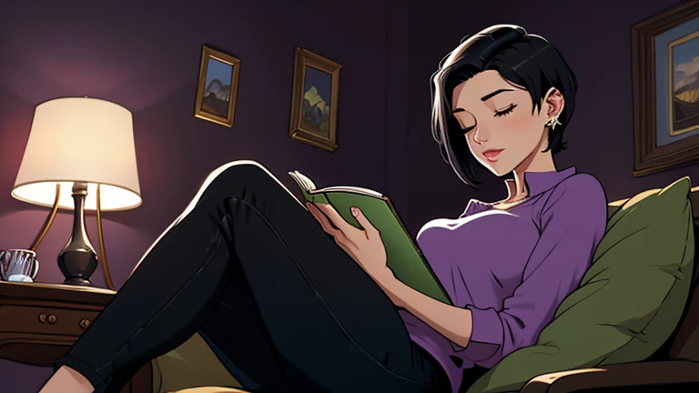 Beautiful woman in her 30s with short black hair is sitting on the sofa. Looking down, eyes closed, LOFI girl, alone in the room, blouse, cozy wallpaper, big cushion, bookshelf, relaxing mood, night core, cozy, wide glass window with skyscrapers, outside v...