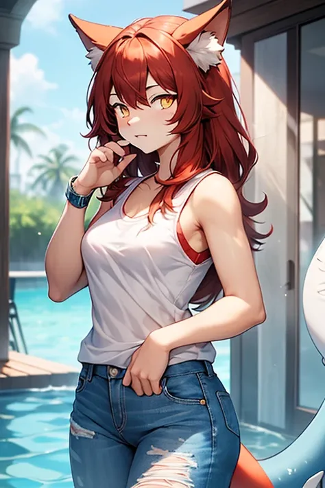 furry girl swimming shark, abundant red hair, bangss, light brown skin, velues, cuddly, yellow  eyes, high qualiy, velues, White tank top, light blue mini jeans.