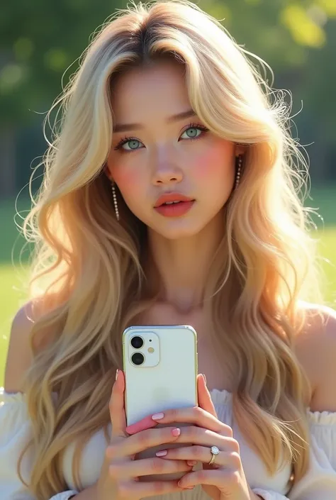 Long wavy haired blonde woman holding a white cell phone., retrato de kim petras, maquillaje popular de corea del sur, Retrato de Jossi de Blackpink, Parque Roseanne de Blackpink, ulzzang, maquillaje coreano popular, cruel korean , ava max, con el pelo lar...