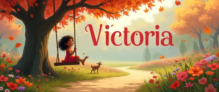 beautiful big garden in autumn leaves flying,A Tree Swing,various animals, squirrel, raccoon,an Indian girl with curly hair on the swing playing, flowers along the dirt road,large image of the name victoria written in pink in the background high resolution...