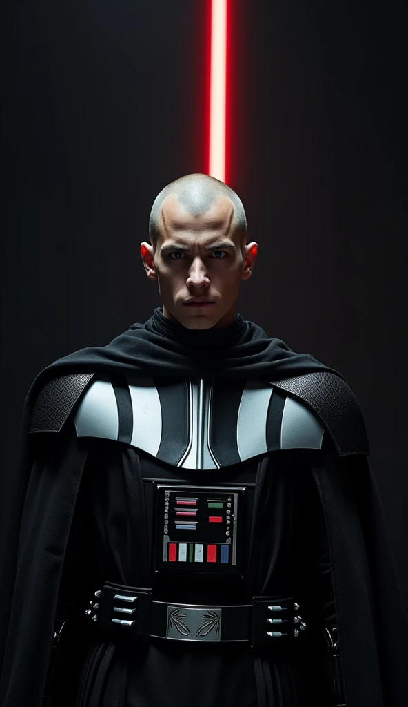 {A hyper-realistic close-up shot of a young Lord Sith, positioned directly in front of the camera, capturing the region from his armored chest to the top of his head. The Lord Sith, aged 24, stands with a commanding presence, his face perfectly smooth and ...