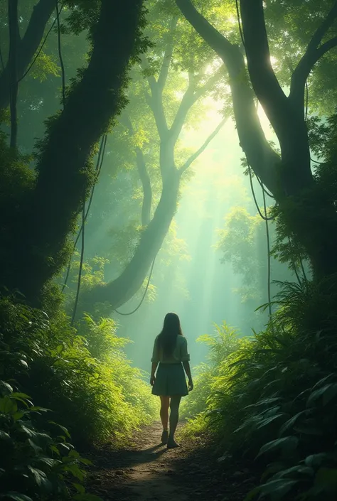 (best quality, masterpiece, ultra detailed), Fantastic forest footage: The protagonist stands in a fantastical forest.、wood々The light that shines through the gaps envelops him.。The figure is depicted searching for something in the forest.。The camera captur...