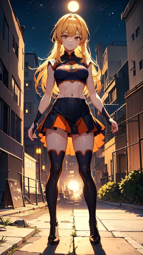 A beautiful anime girl, very beautiful face, happy face, smiling, short two-tone hair, He has a Dragon Ball in his hand, orange eyes, very detailed eyes, dynamic pose, beautiful body, very small breasts, big thighs, cropped t-shirt with print , shows the n...