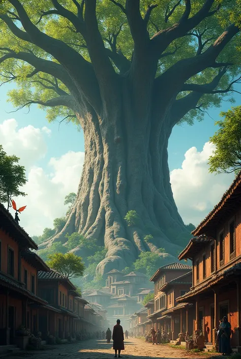 (giant tree, pre-flood, Prehistoric, bigger than mountains, 5km tall tree with a canopy of giant green leaves, Full HD, 4K, PICTURE REALISTIC, real-life, in the middle of a medieval city full of houses, hot tropical climate
