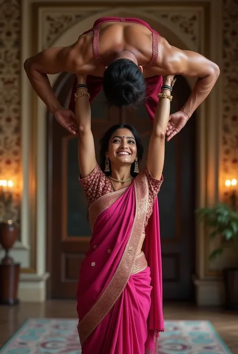 Smiling and Beautiful indian woman in dark pink silk saree  lifting up a large man on her head , in a room with high ceiling, full body view 