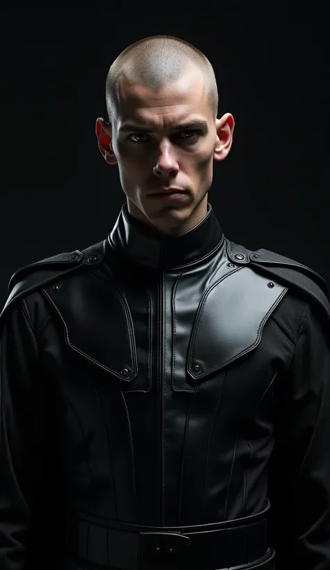 {A hyper-realistic close-up shot of a young Lord Sith, positioned directly in front of the camera, capturing the region from his peitoral to the top of his head. The Lord Sith, aged 24, stands with a commanding presence, his face perfectly smooth and devoi...