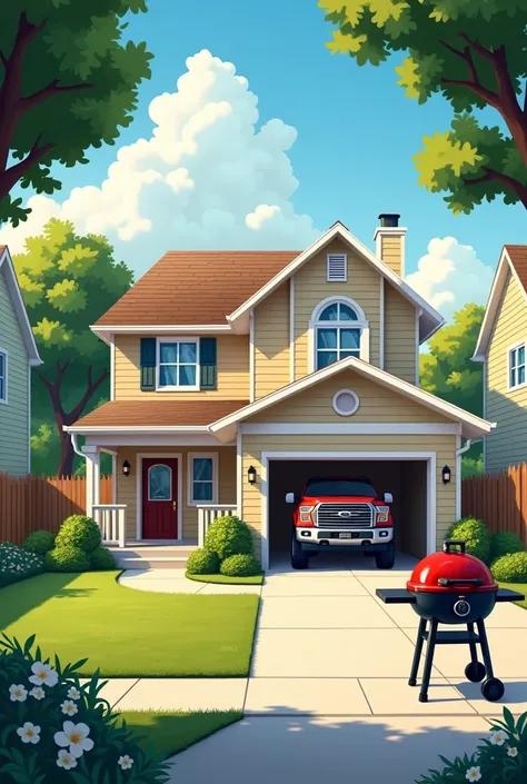 Picture a house with a barbecue and a truck in a garage