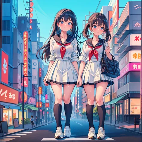 ((two giant high school girls standing on the road kissing) ) composition seen from below, true sunset, sunset, evening, masterp...