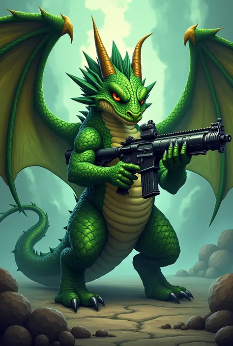 A  dragon with gun in green and dark green color by sos factory cartoon

