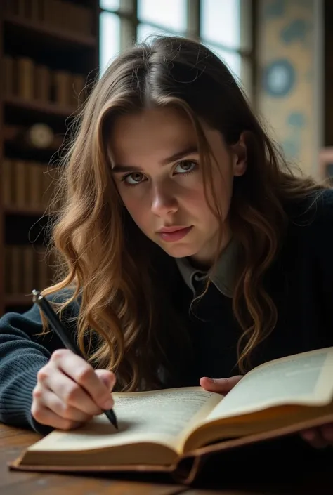 Hermione is in the Hogwarts library, surrounded by shelves full of old and dusty books. The soft light coming through the windows illuminates her face and her dark brown hair., that falls softly on your shoulders. Her brown eyes shine brightly. She is not ...